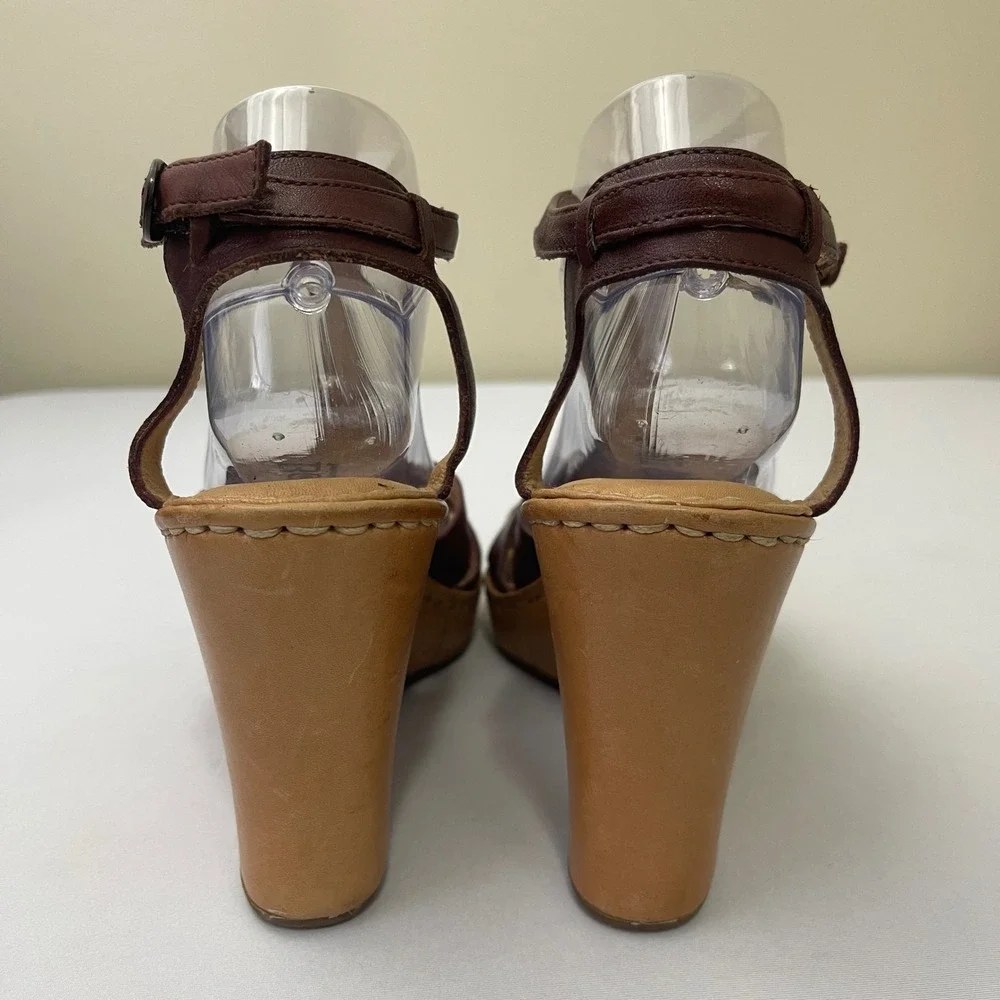 Born‎ Womens Leather T Strap Wedge Sandals Brown Size 10/42 Robin Cliff Side